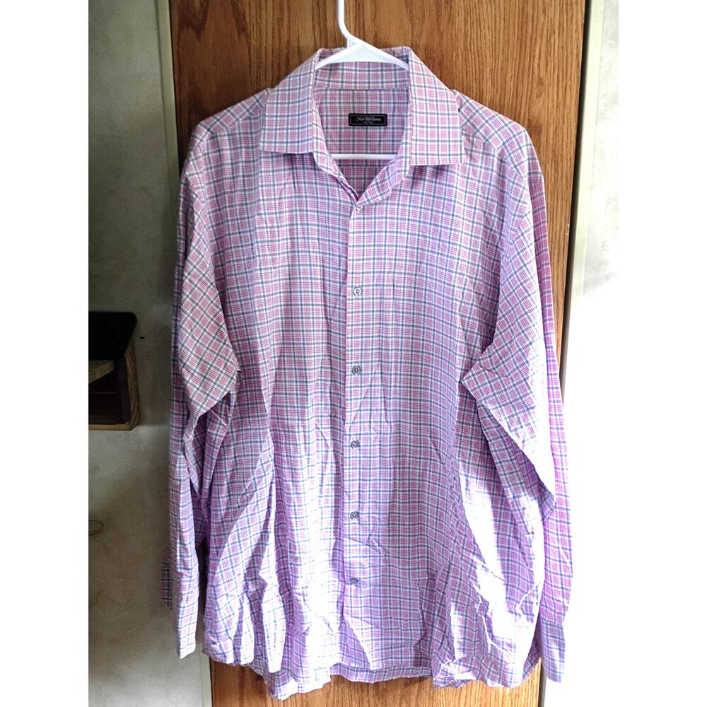 Saks Fifth Avenue Mens 17.5 L Pink Blue Plaid Cotton Dress Shirt Office Preppy